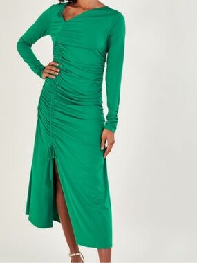 Monsoon Kelly Green Ruched Side Stretch Jersey Leg Slit Dress Size Medium